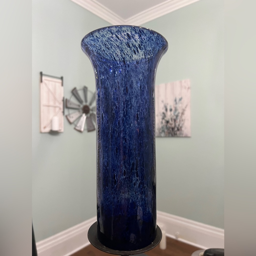 Vintage Cobalt Blue Splatter Glass Tall Vase